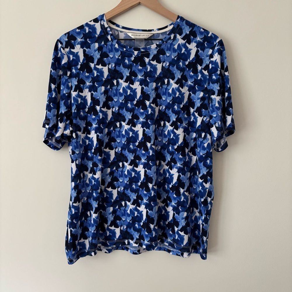 Allison Daley Large Blues White Butterfly & Florals Lightweight Pullover Blouse